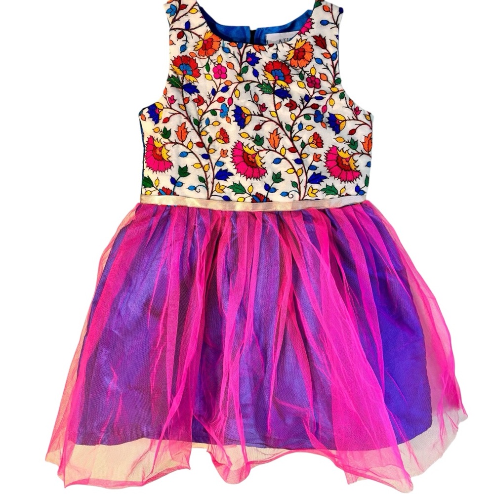 Pink and Blue Dress with Floral Embroidery and a Tulle Skirt Size 5/6